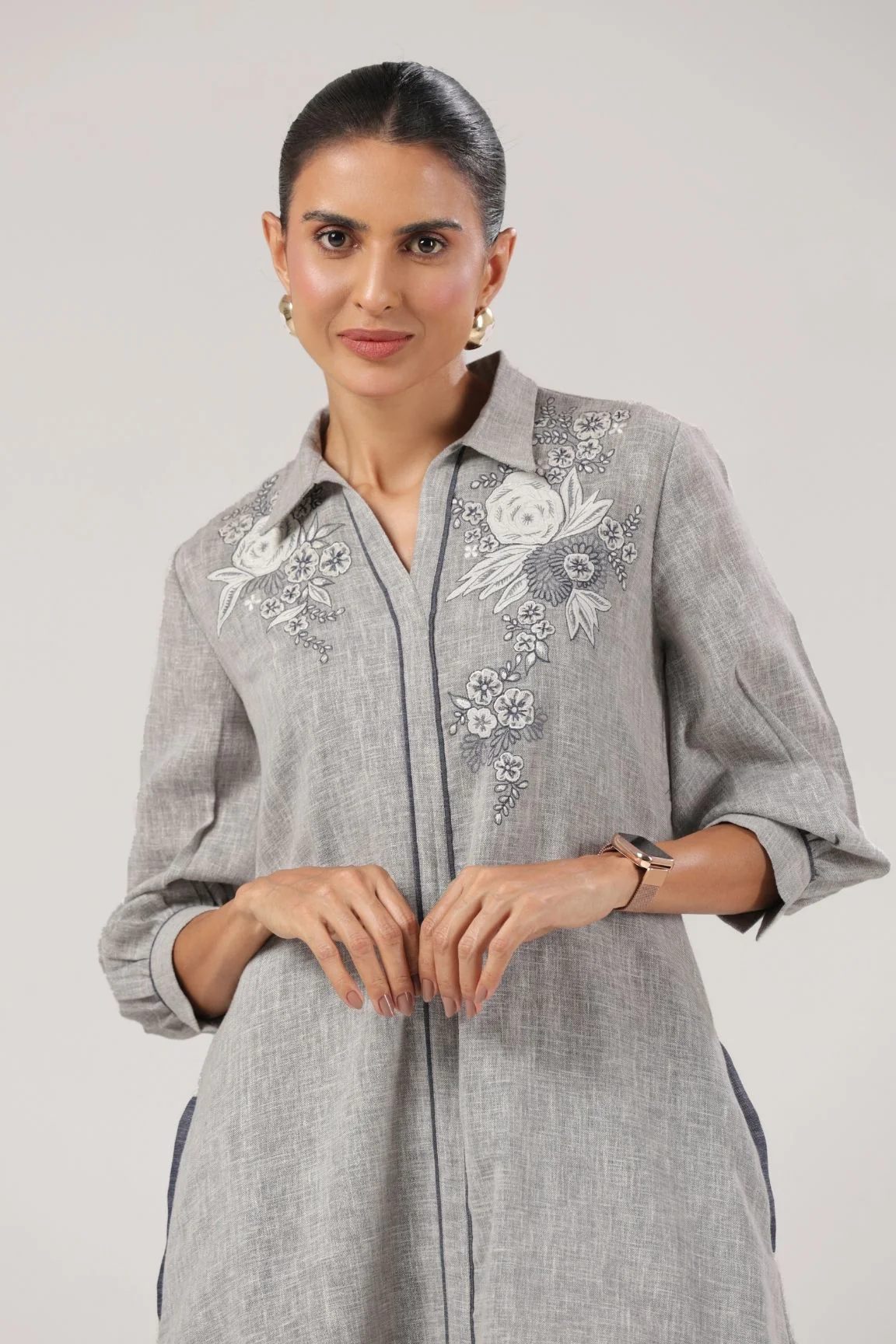 Grey Embroidered Cotton Midi Dress - Image 4