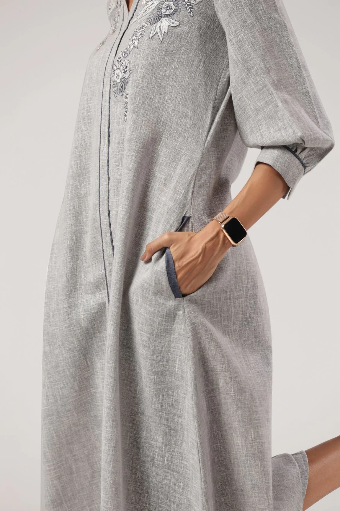 Grey Embroidered Cotton Midi Dress - Image 5