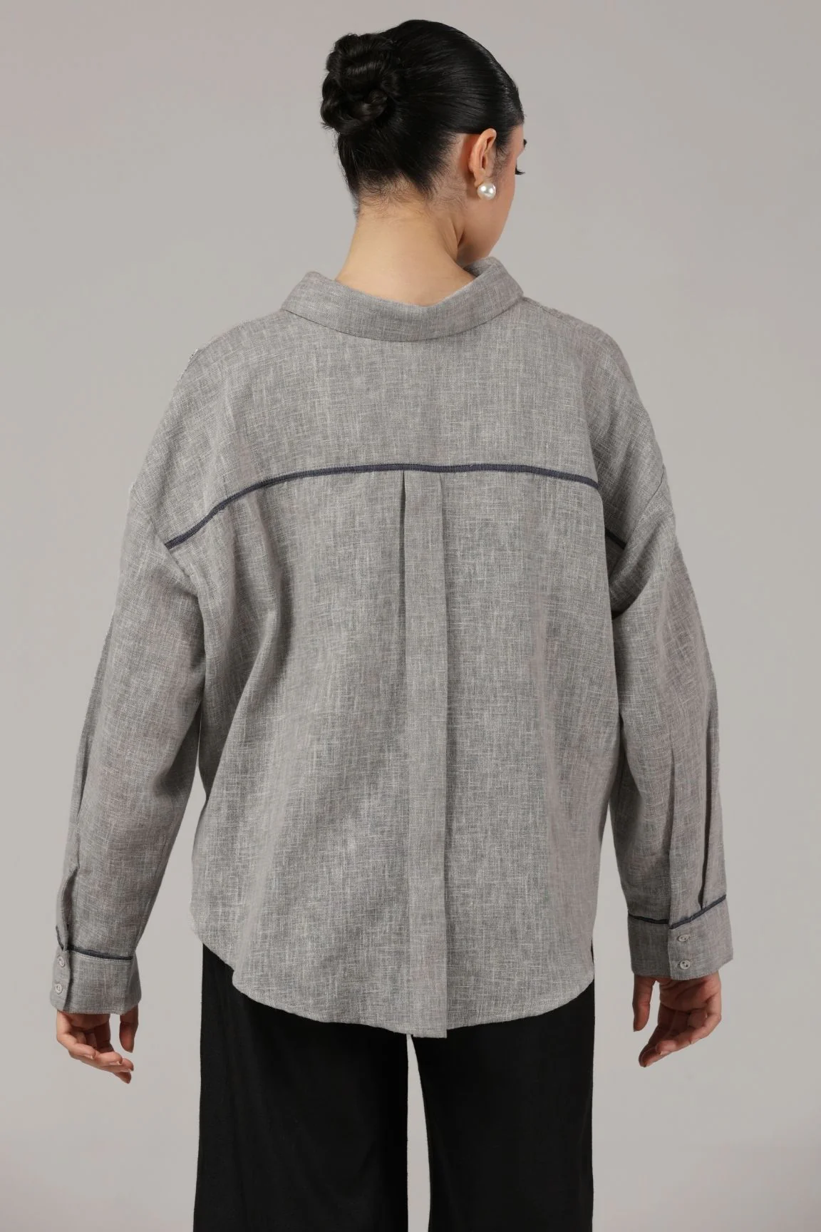 Grey Floral Embroidered Linen Shirt - Image 3