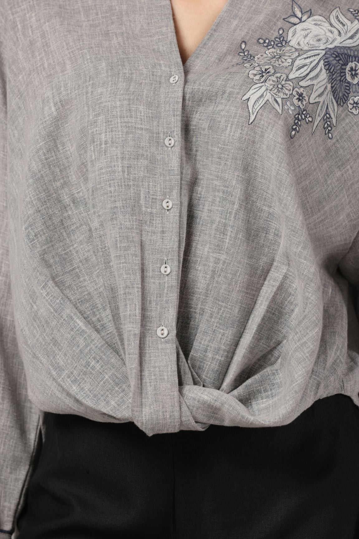 Grey Floral Embroidered Linen Shirt - Image 5