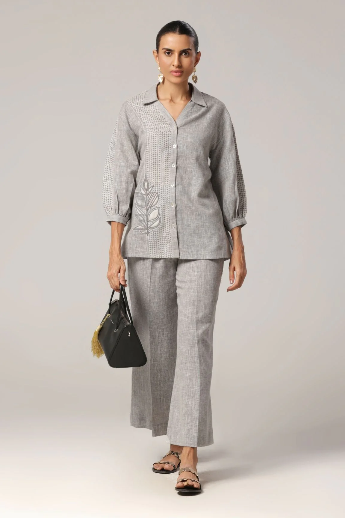 Grey Textured Floral Embroidered Cotton shirt - Image 3
