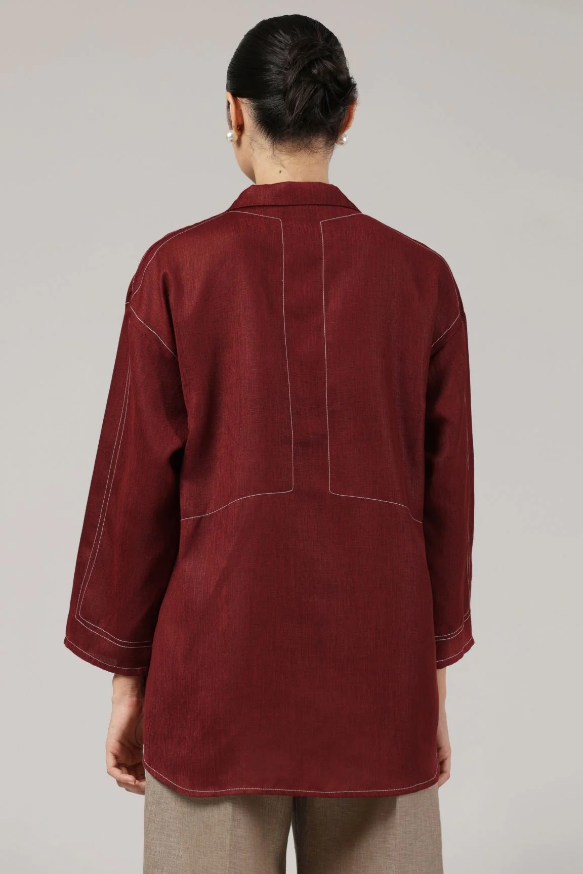 Maroon Contrast Stitch Relaxed Cotton Top - Image 3