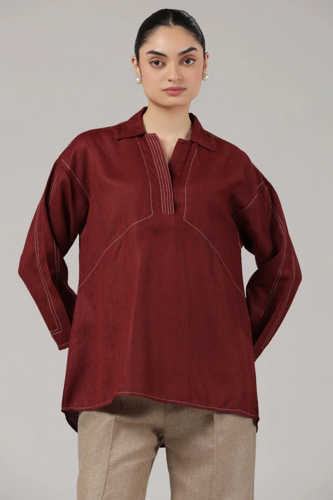 Maroon Contrast Stitch Relaxed Cotton Top - Image 4