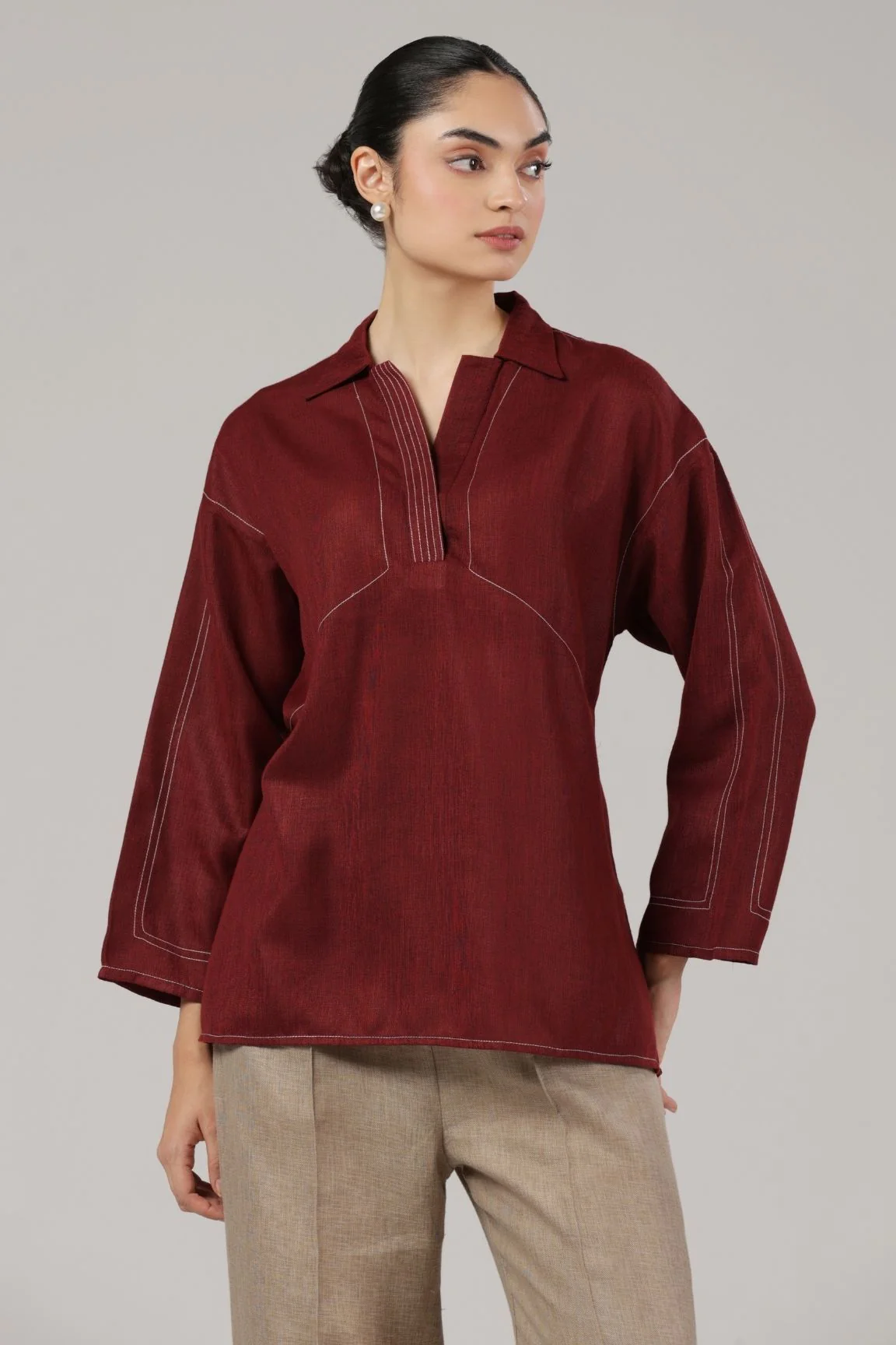Maroon Contrast Stitch Relaxed Cotton Top - Image 5