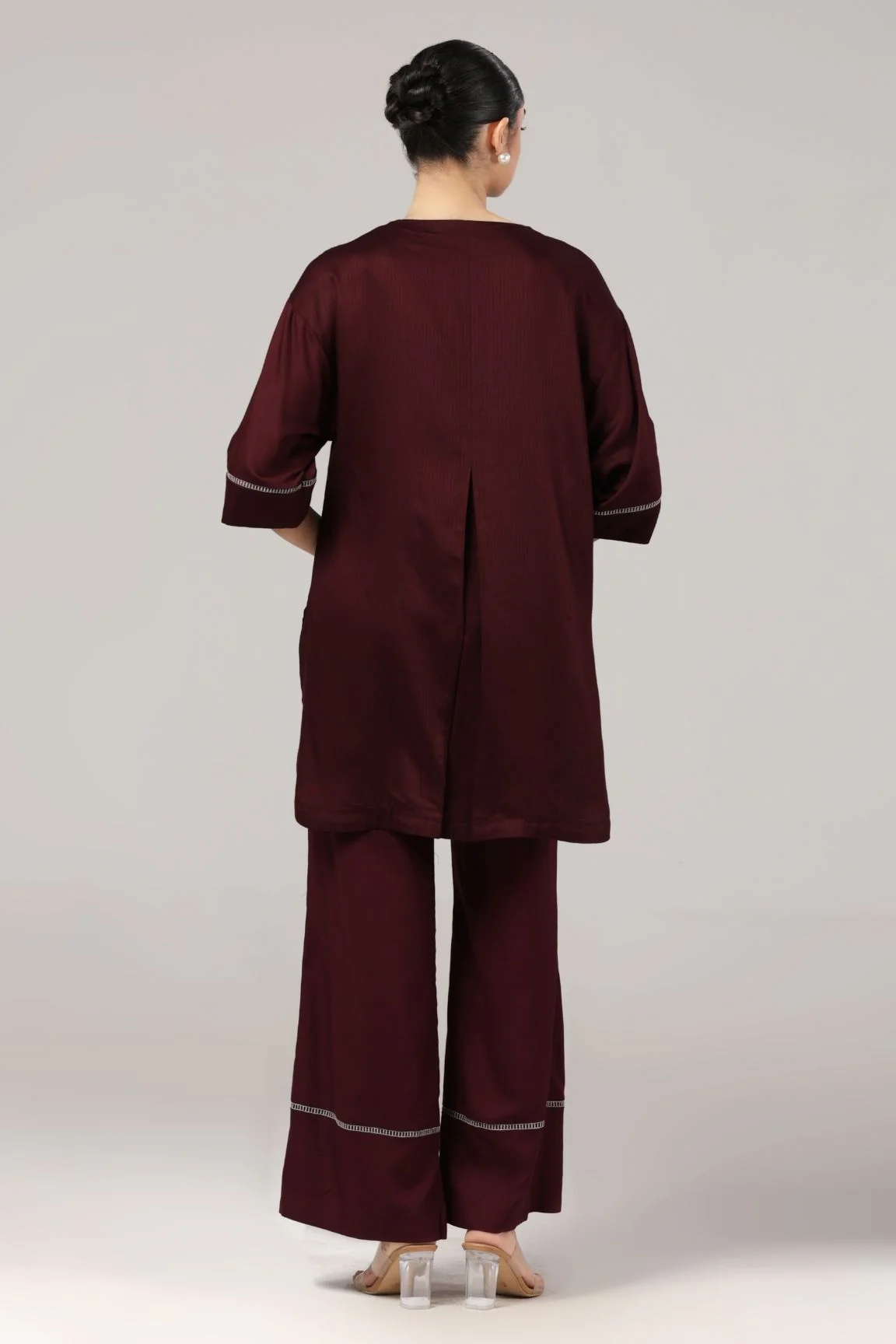 Maroon Floral Embroidered Cotton Satin Co-ord Set - Image 3