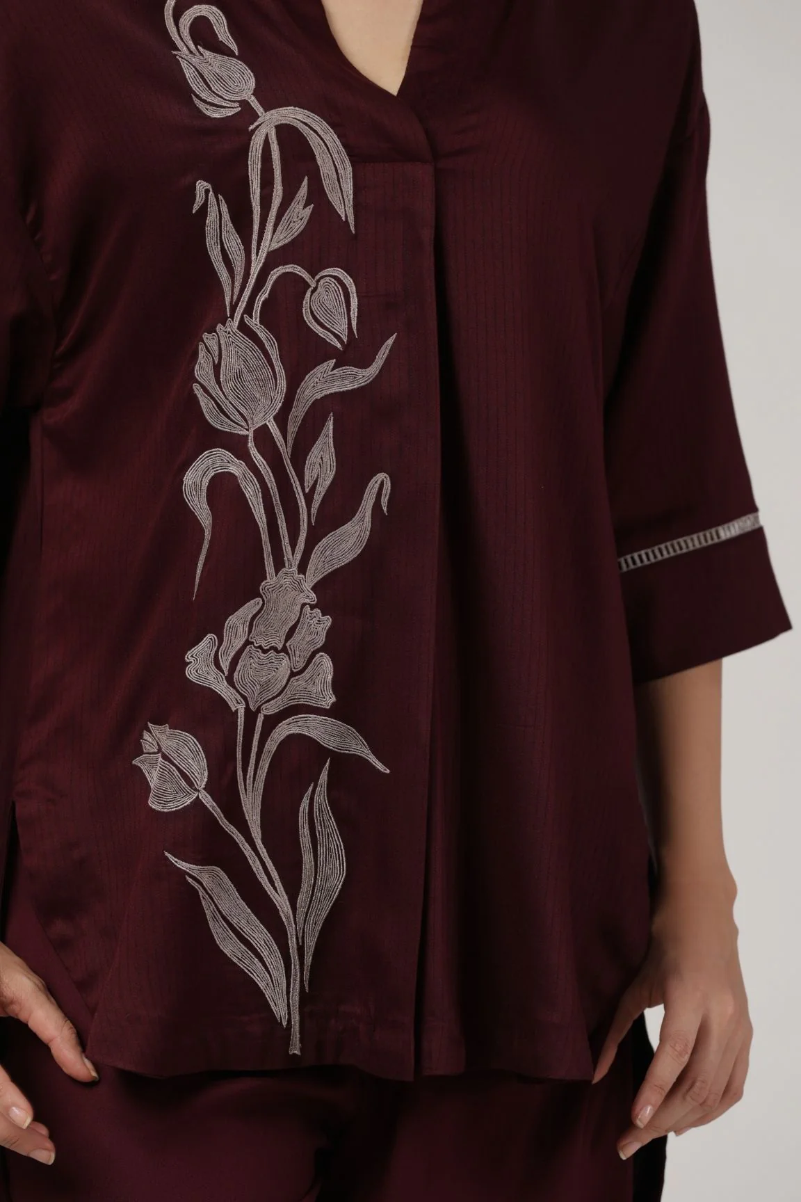 Maroon Floral Embroidered Cotton Satin Co-ord Set - Image 4