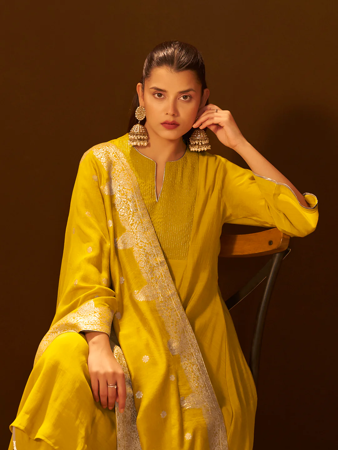 Mustard Chanderi Silk Suit Set with Banarasi Dupatta - Image 3