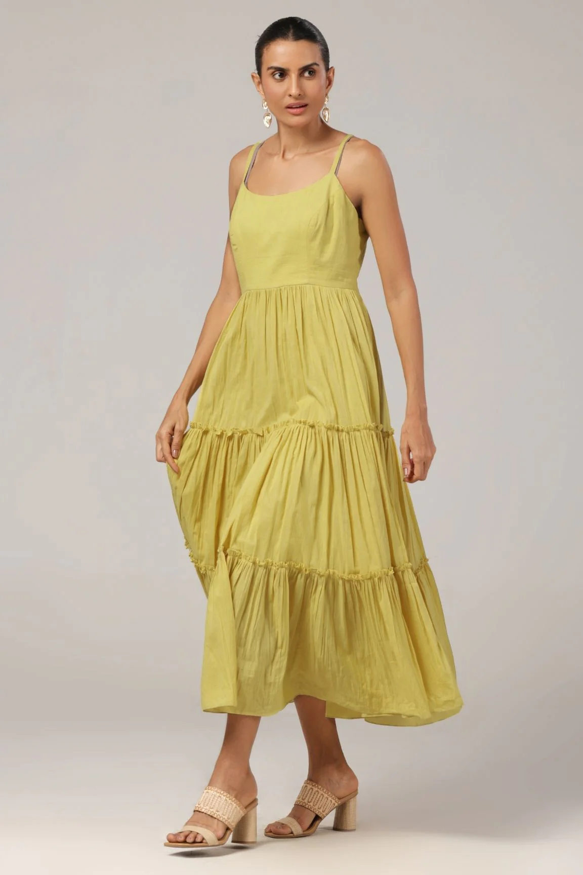Mustard Cotton-Lurex Blazer & Tiered Dress Set - Image 4