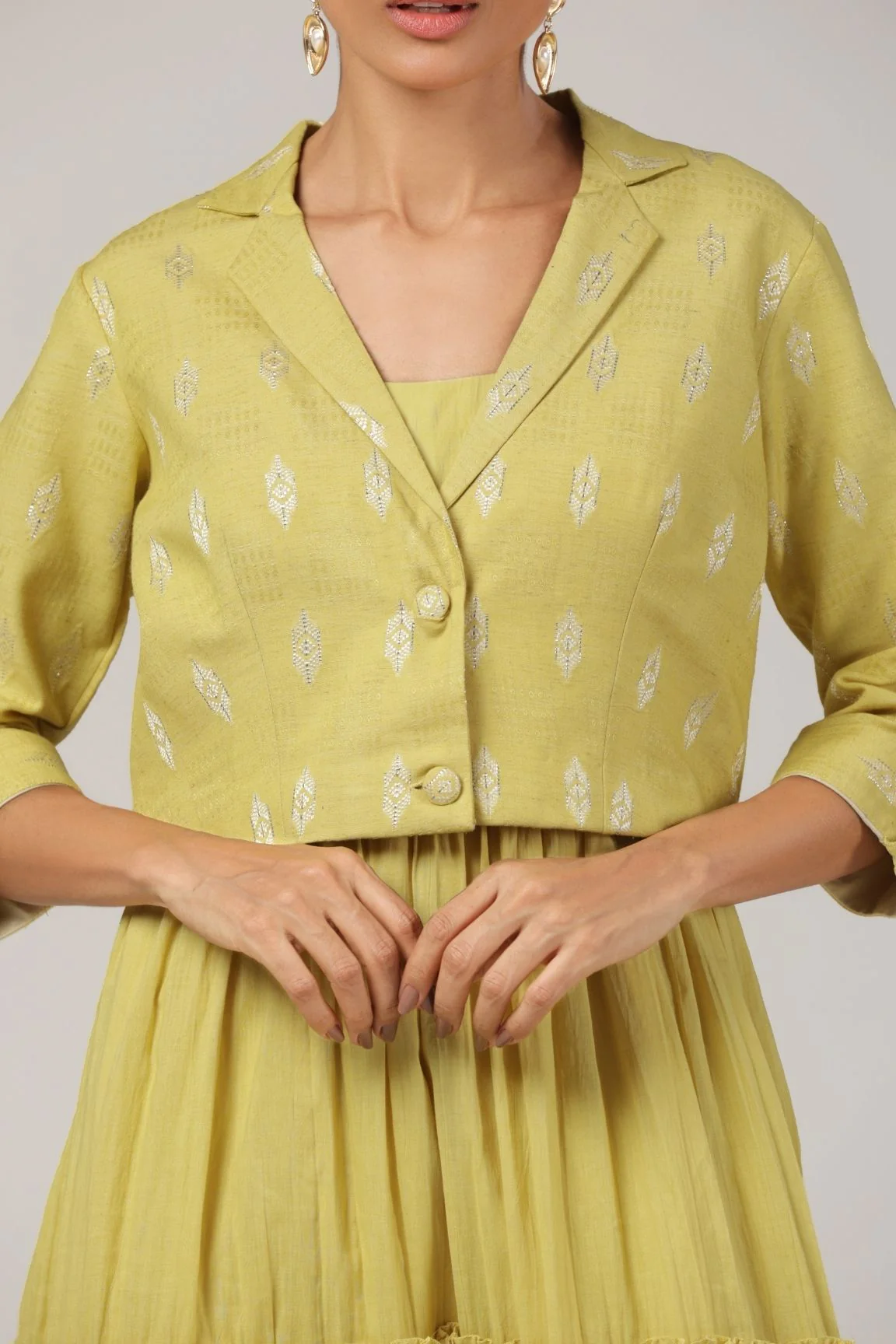 Mustard Cotton-Lurex Blazer & Tiered Dress Set - Image 5