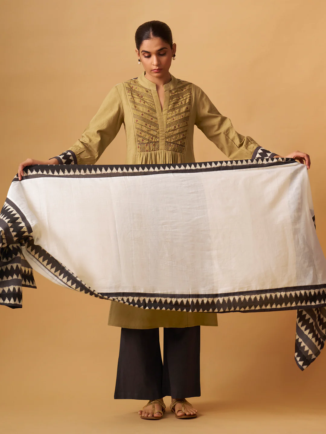 Mustard Cotton Suit Set with Embroidered Yoke & Printed Dupatta - Image 3