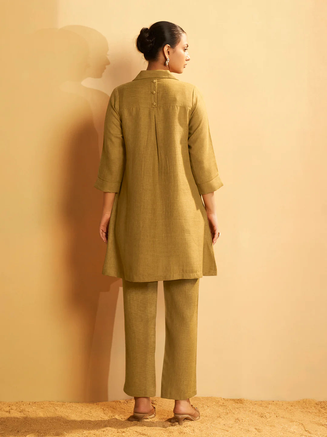 Mustard Linen Blend Button-Down Kurta Set - Image 3