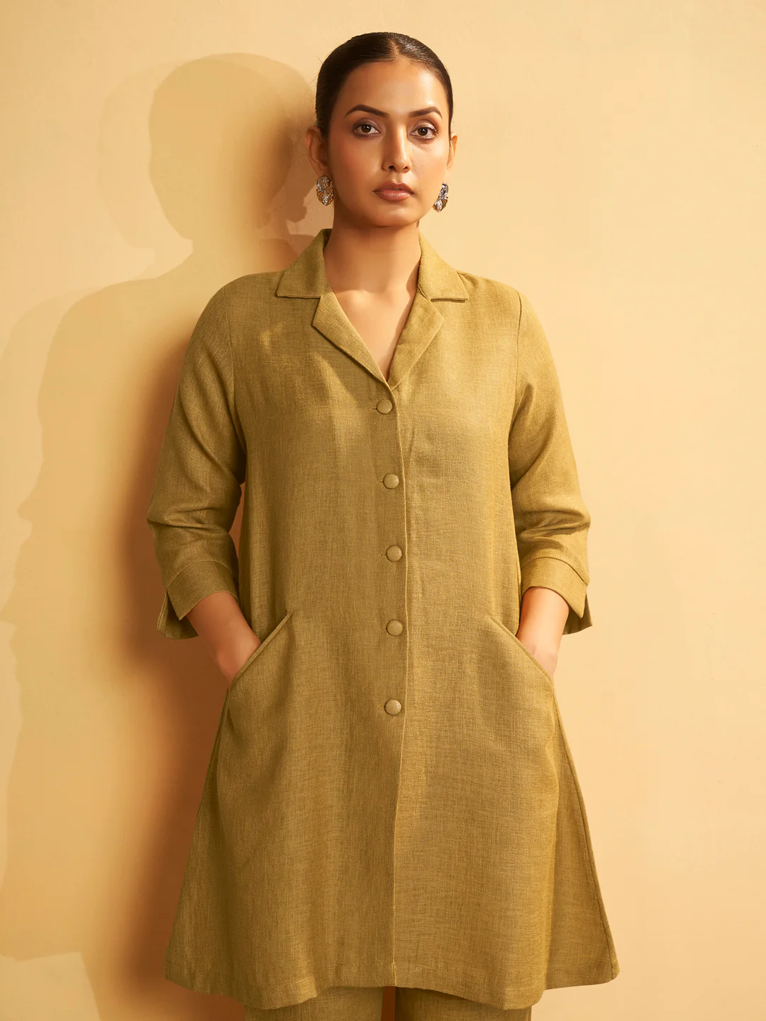 Mustard Linen Blend Button-Down Kurta Set - Image 4