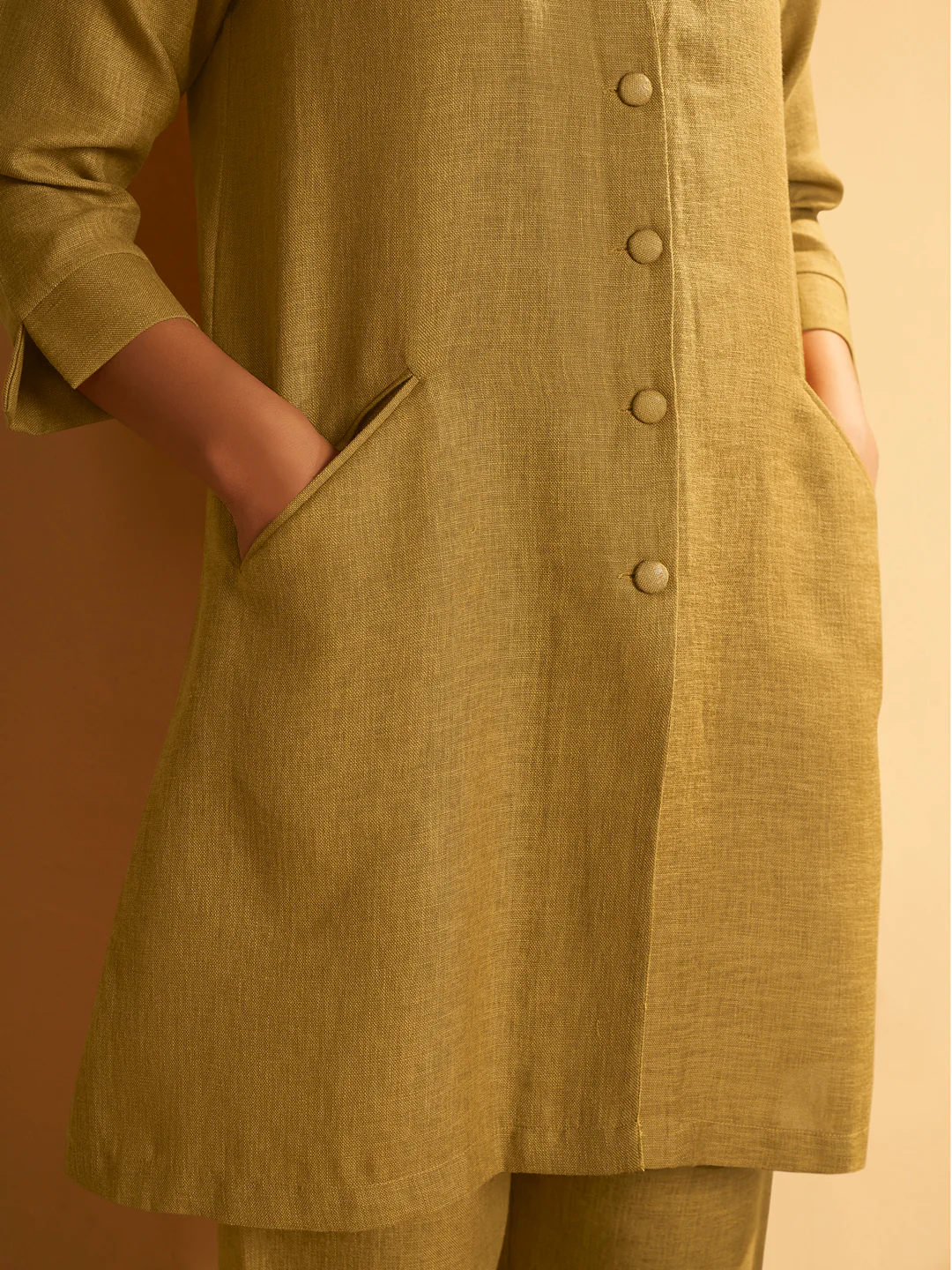 Mustard Linen Blend Button-Down Kurta Set - Image 6