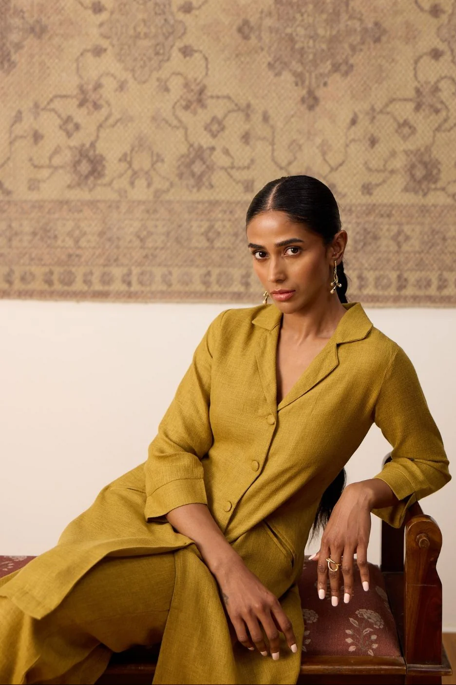 Mustard Linen Blend Button-Down Kurta Set - Image 7