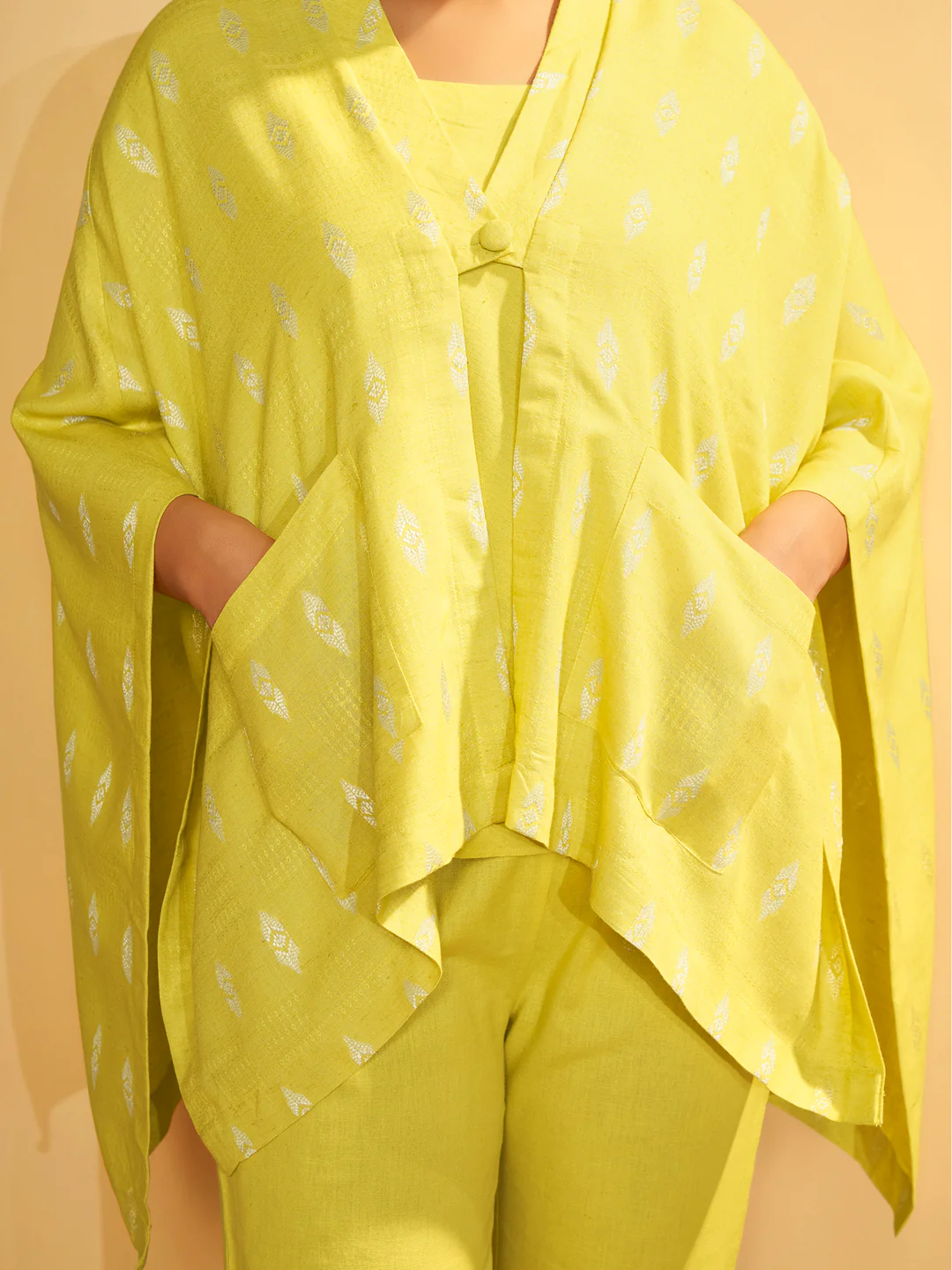 Mustard Yellow Handwoven Cape Blazer Set - Image 3