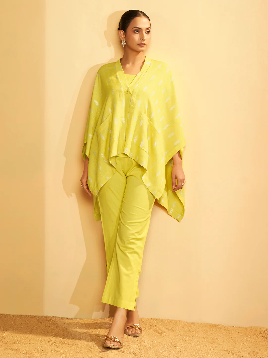 Mustard Yellow Handwoven Cape Blazer Set - Image 4