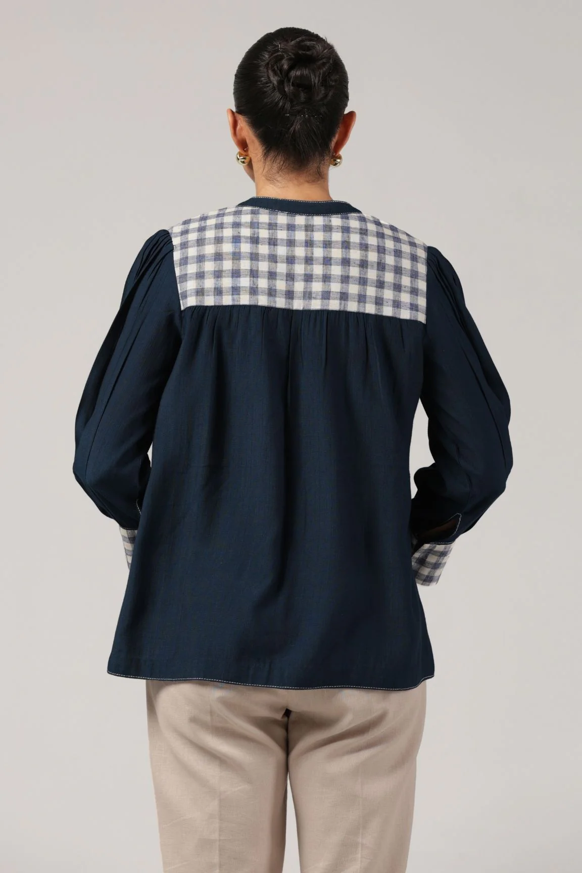 Navy Embroidered Cotton Linen V-Neck Top - Image 3