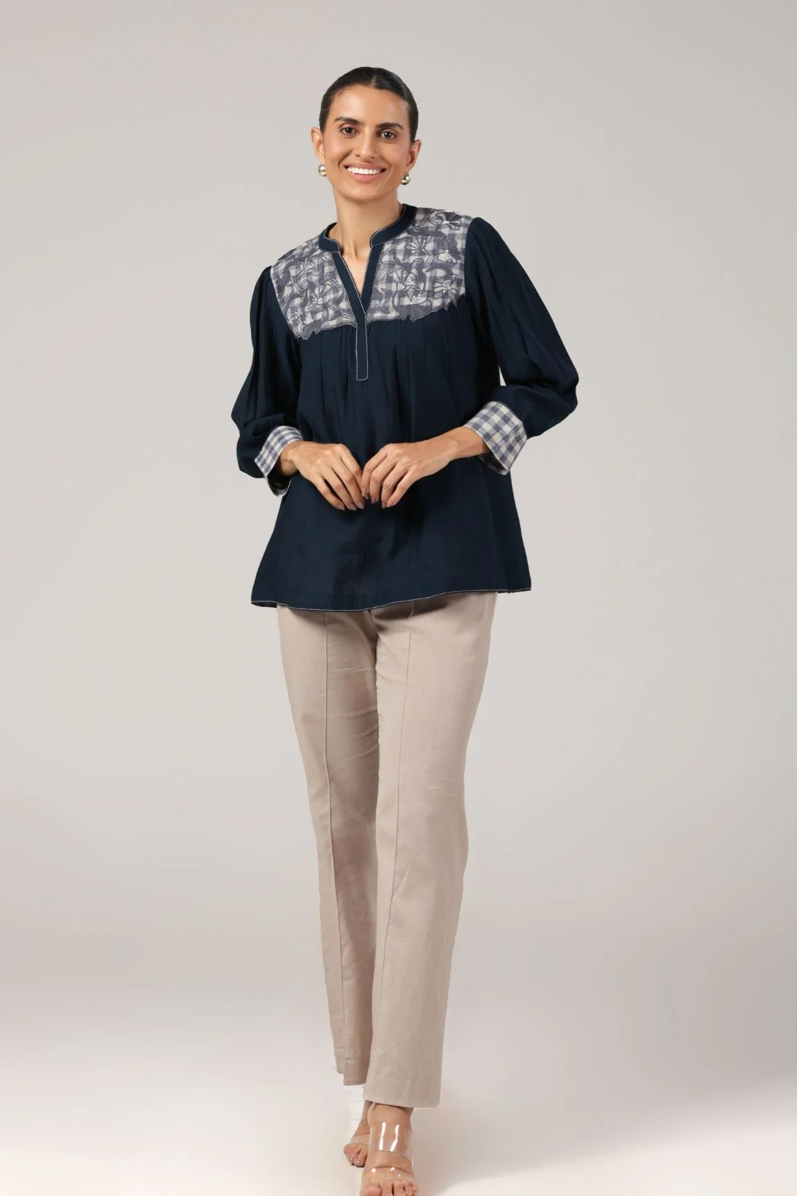 Navy Embroidered Cotton Linen V-Neck Top - Image 4