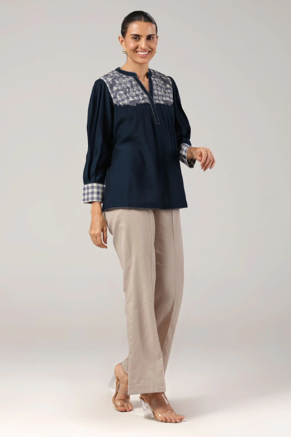 Navy Embroidered Cotton Linen V-Neck Top - Image 5