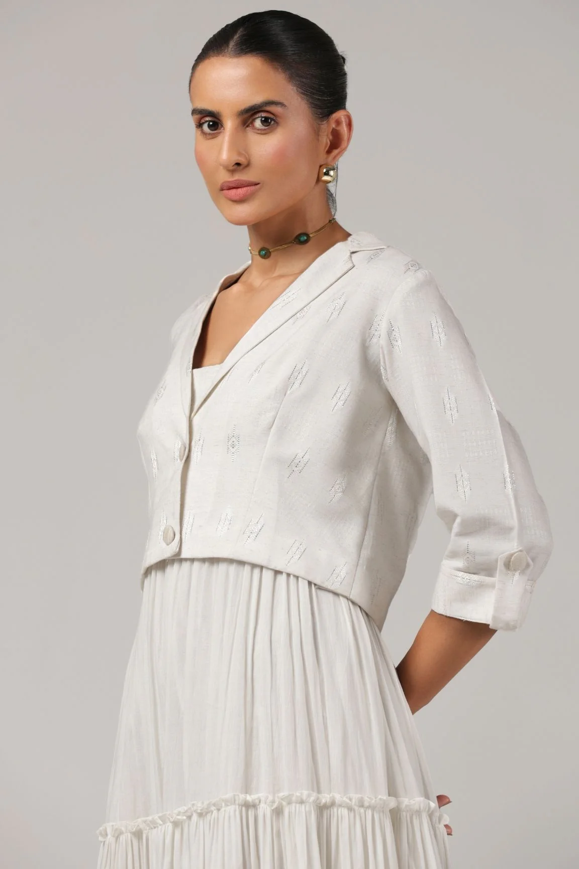 Off White Cotton Tiered Dress - Image 3
