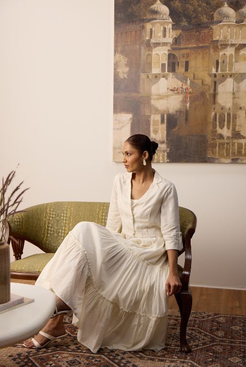 Off White Cotton Tiered Dress - Image 5