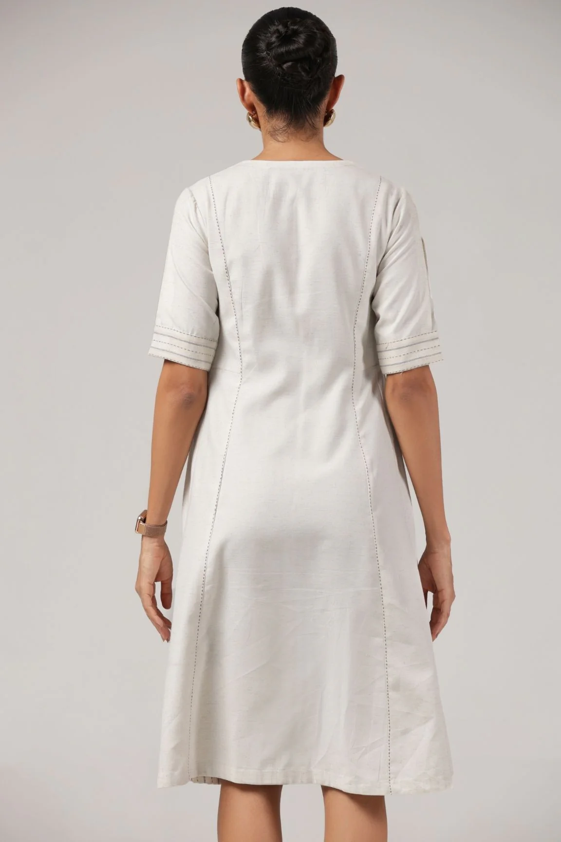 Off-White Embroidered A-Line Cotton Dress - Image 3