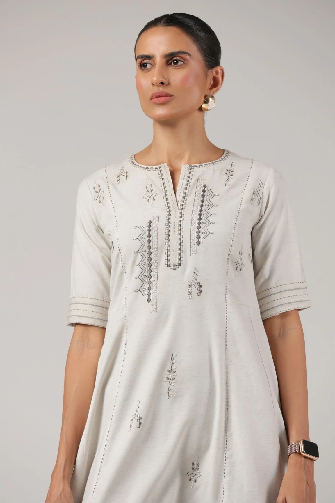 Off-White Embroidered A-Line Cotton Dress - Image 4