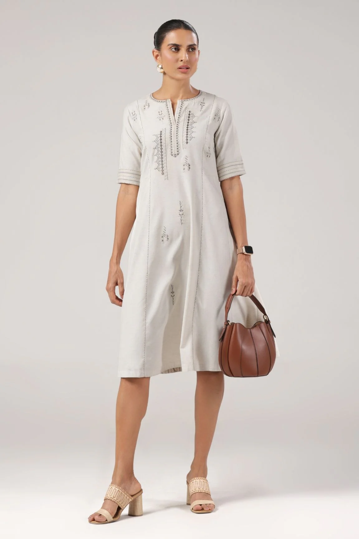 Off-White Embroidered A-Line Cotton Dress - Image 5
