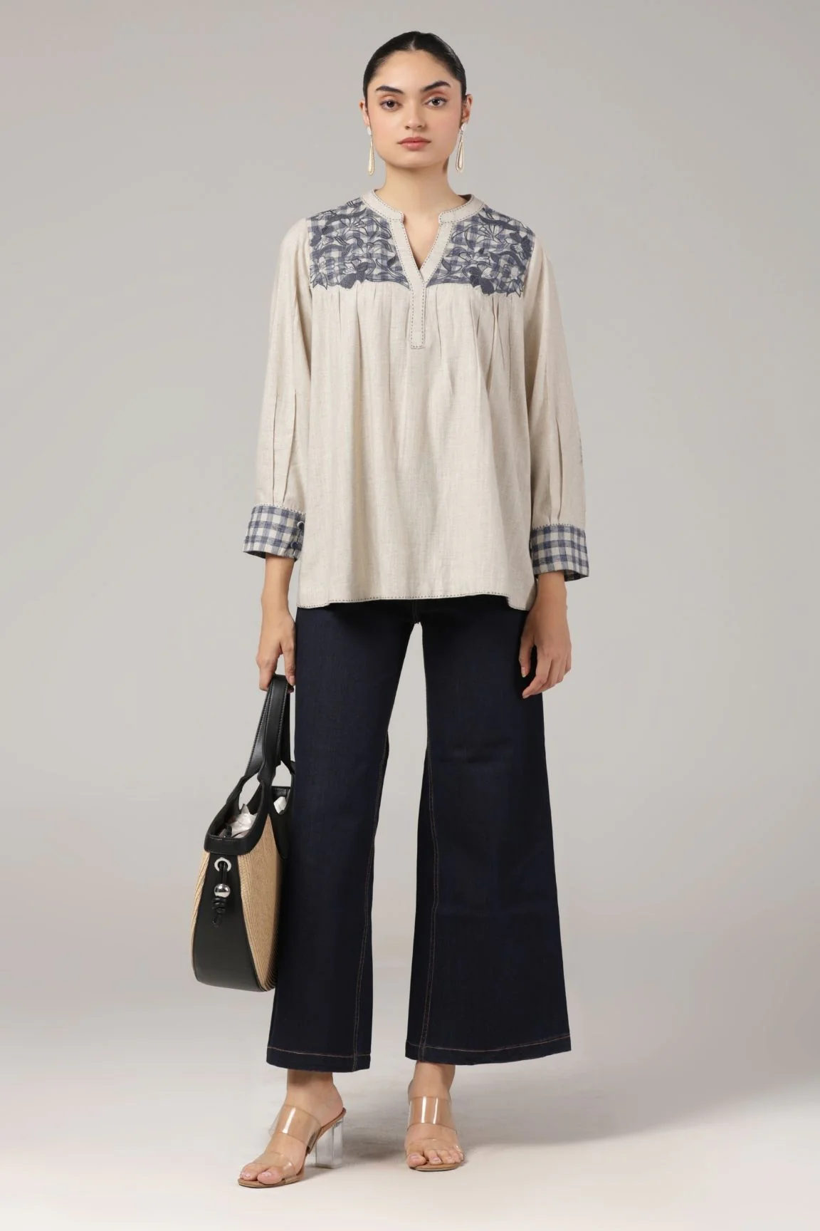 Off-White Embroidered Yoke Soft Cotton Top - Image 3