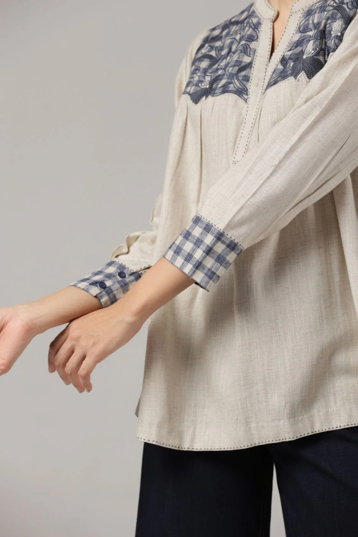 Off-White Embroidered Yoke Soft Cotton Top - Image 5