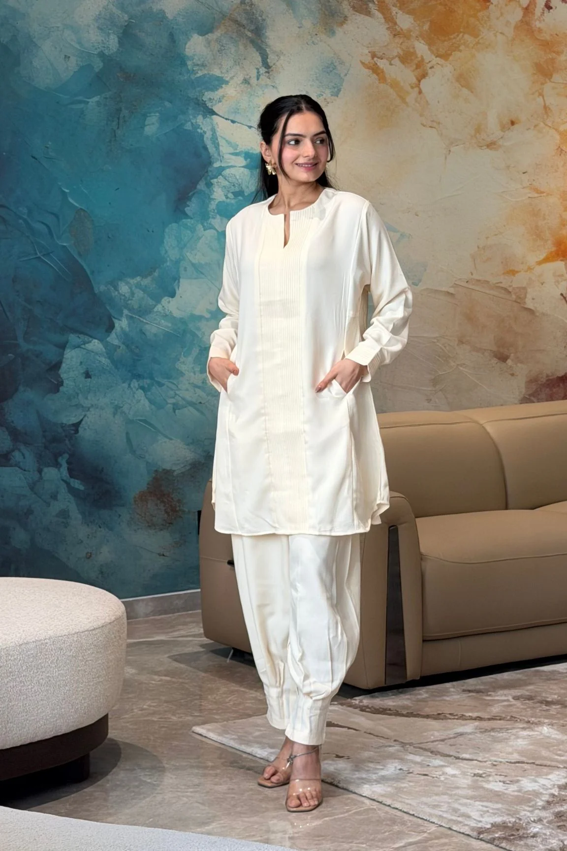 Off-White Pintuck Kurta Set - Image 3