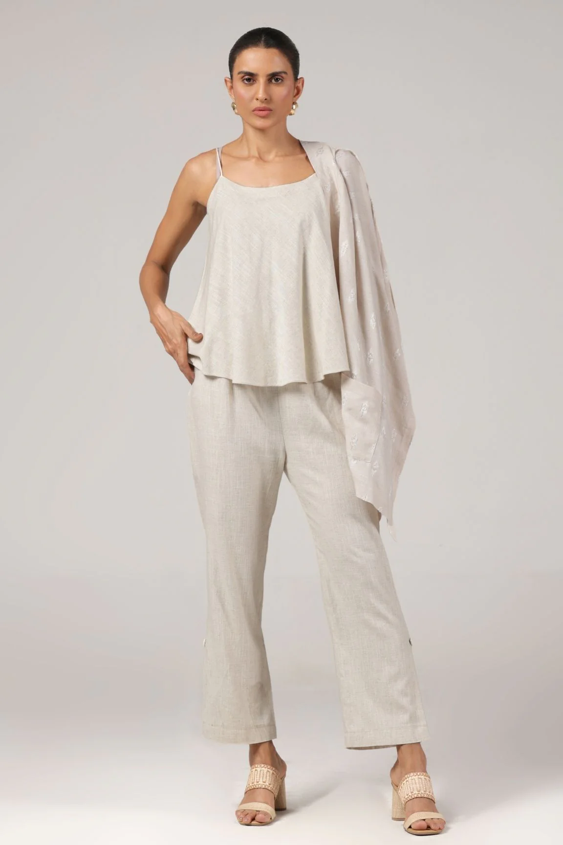 Off-White Textured Drape Overlay Cotton Blazer Set - Image 4