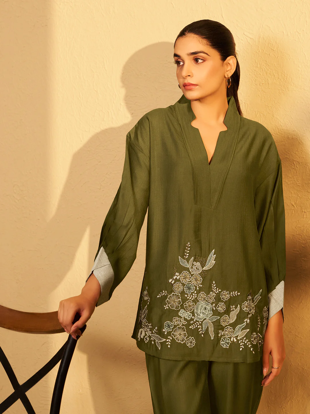 Olive Bloom Embroidered Cotton Co-ord Set - Image 2
