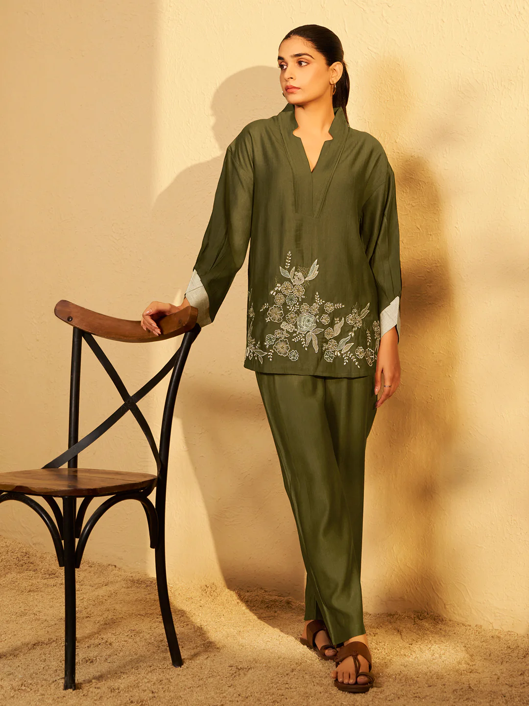 Olive Bloom Embroidered Cotton Co-ord Set - Image 5
