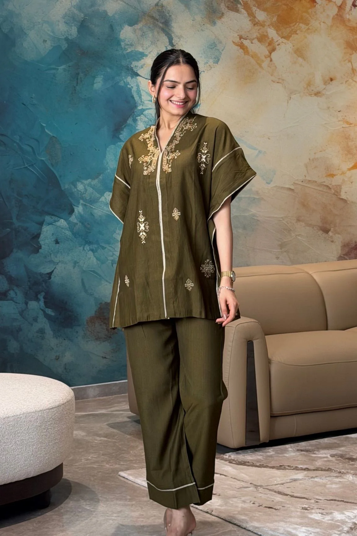 Olive Embroidered Co-ord Set - Image 3