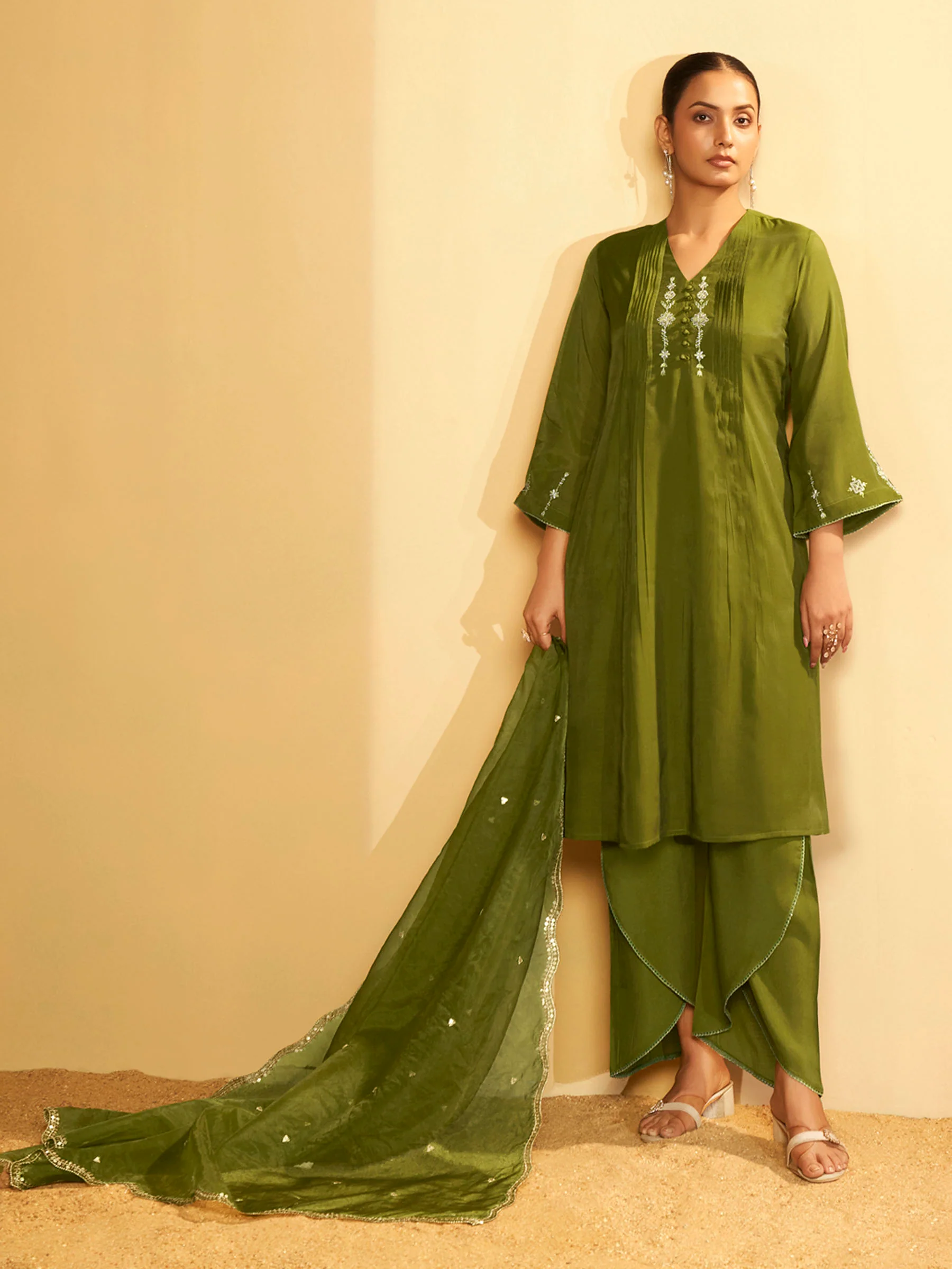Olive Green Embroidered Suit Set with Dupatta - Image 3