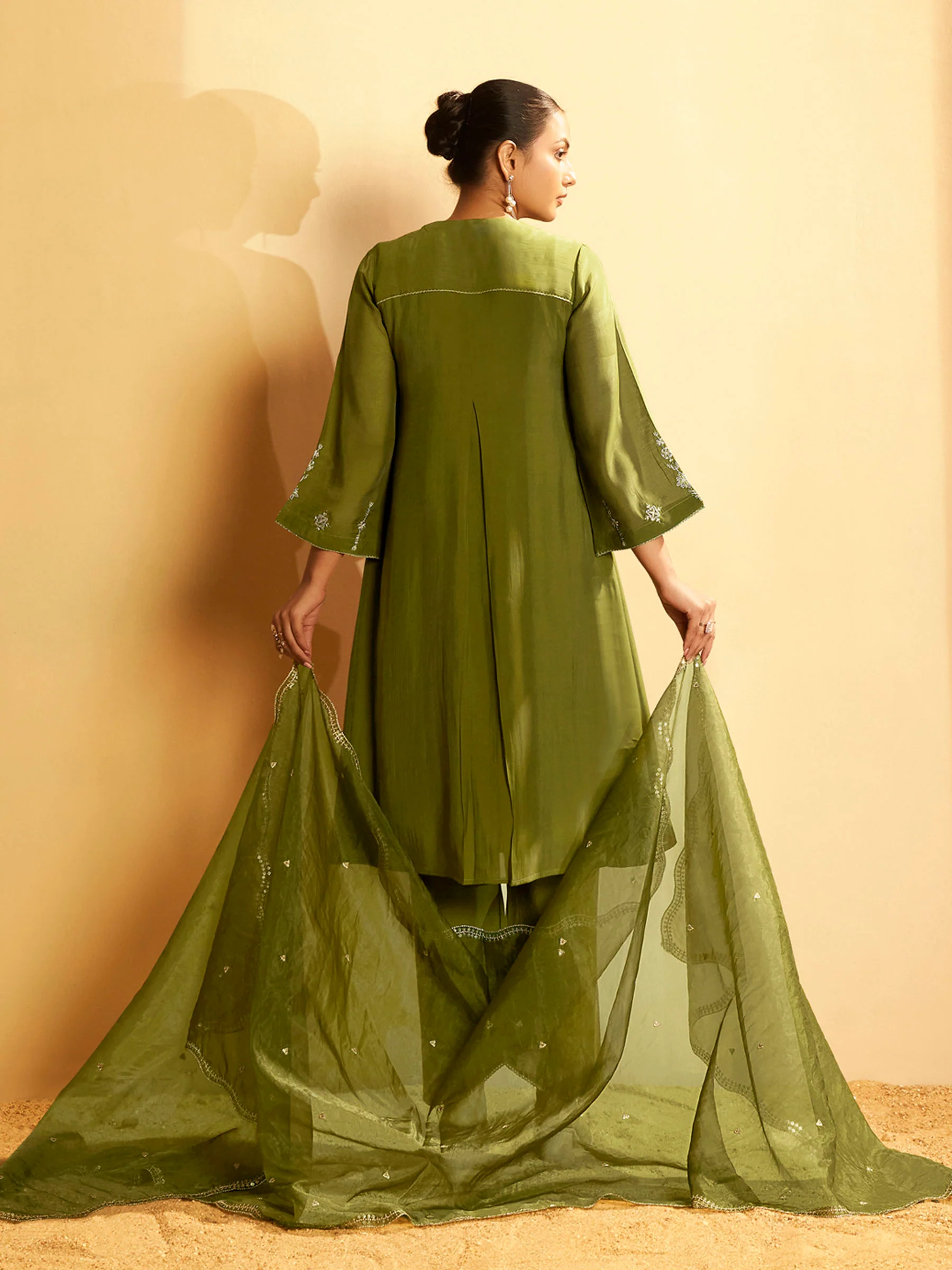 Olive Green Embroidered Suit Set with Dupatta - Image 4
