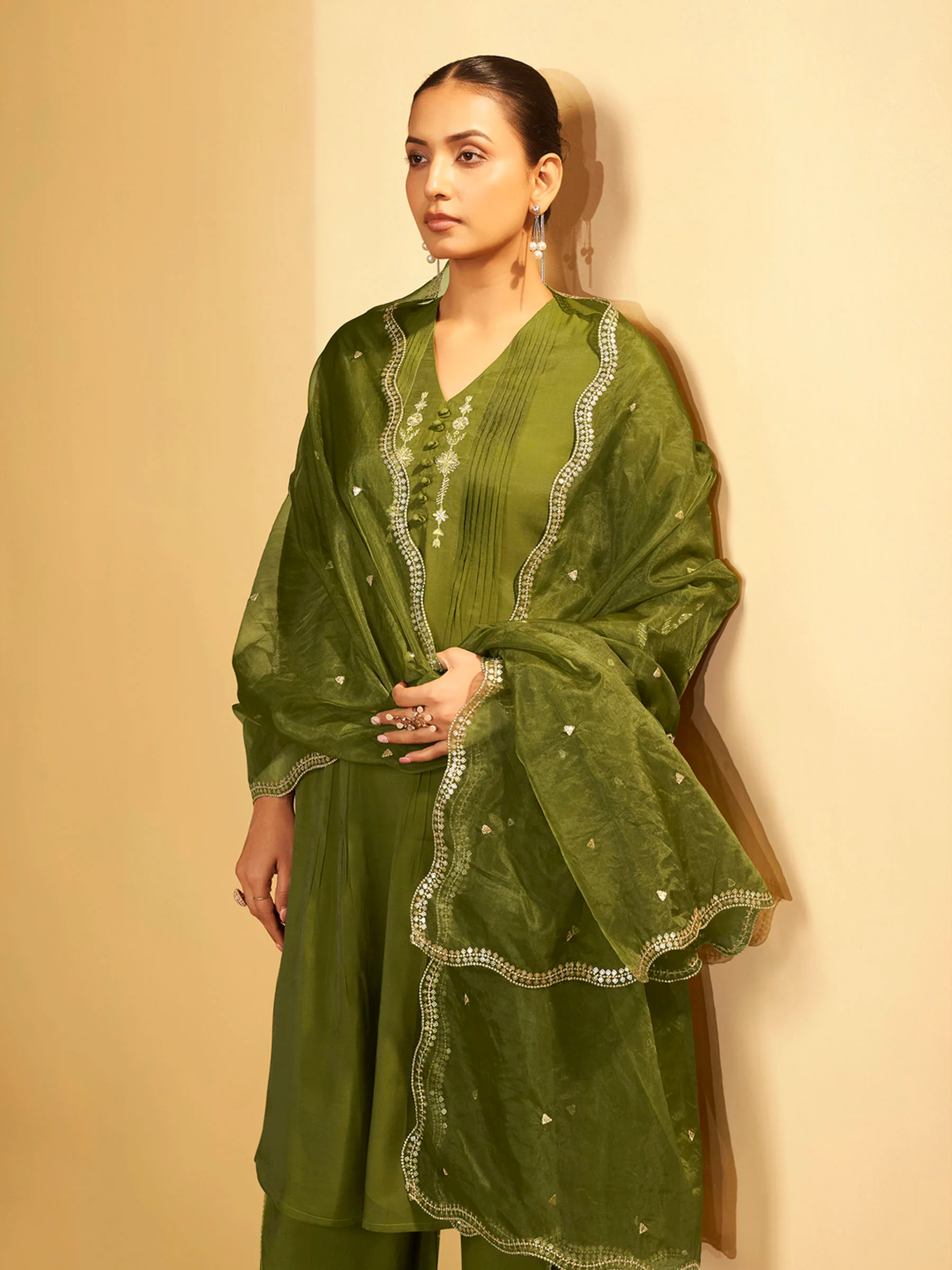 Olive Green Embroidered Suit Set with Dupatta - Image 5