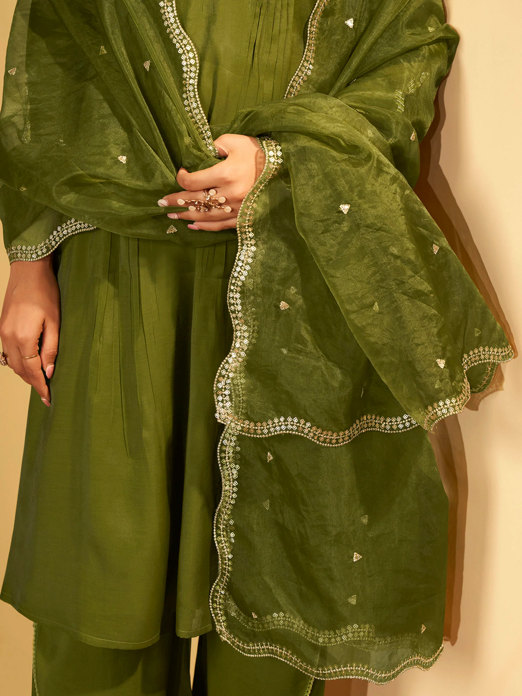 Olive Green Embroidered Suit Set with Dupatta - Image 6