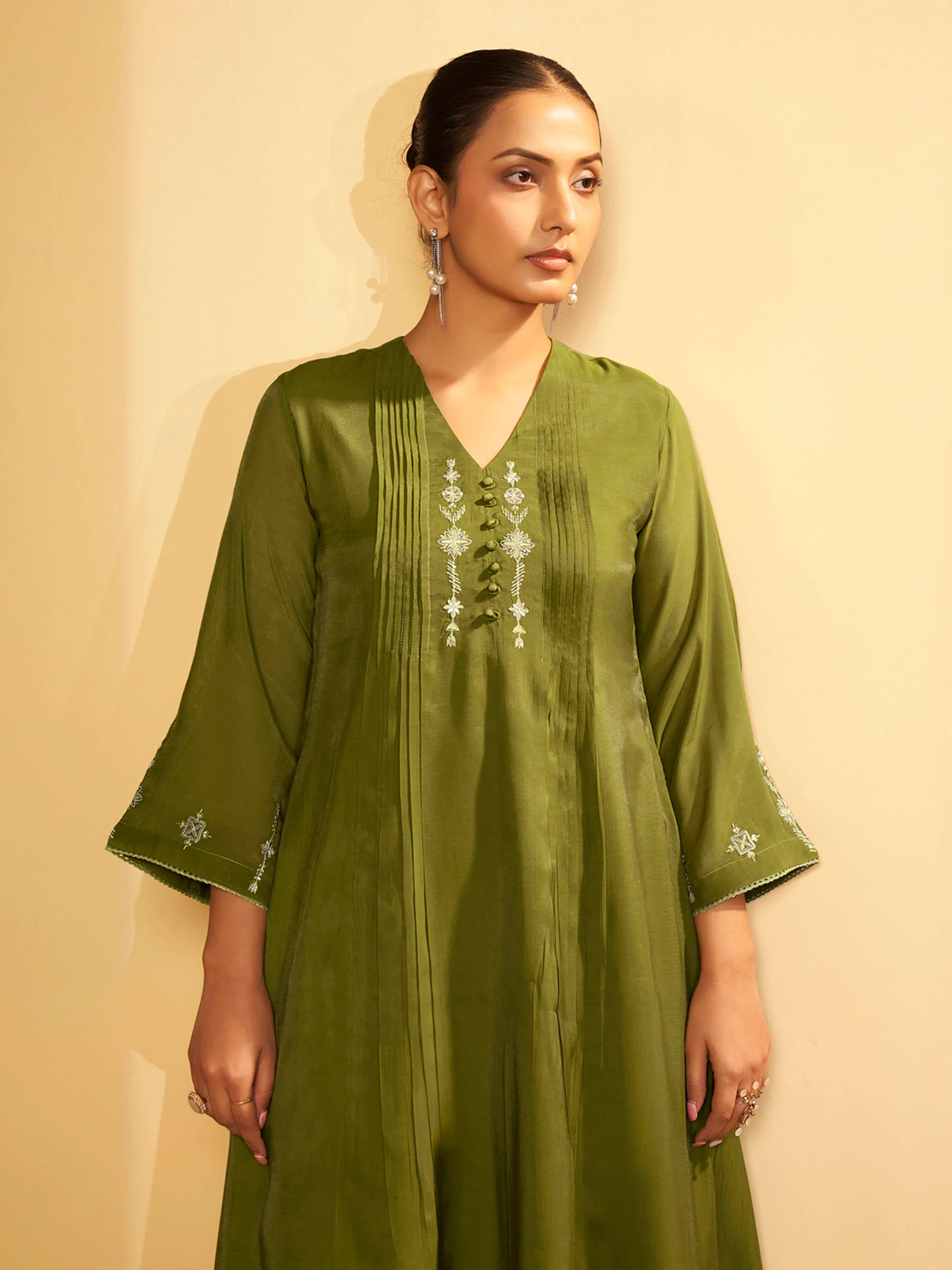 Olive Green Embroidered Suit Set with Dupatta - Image 7