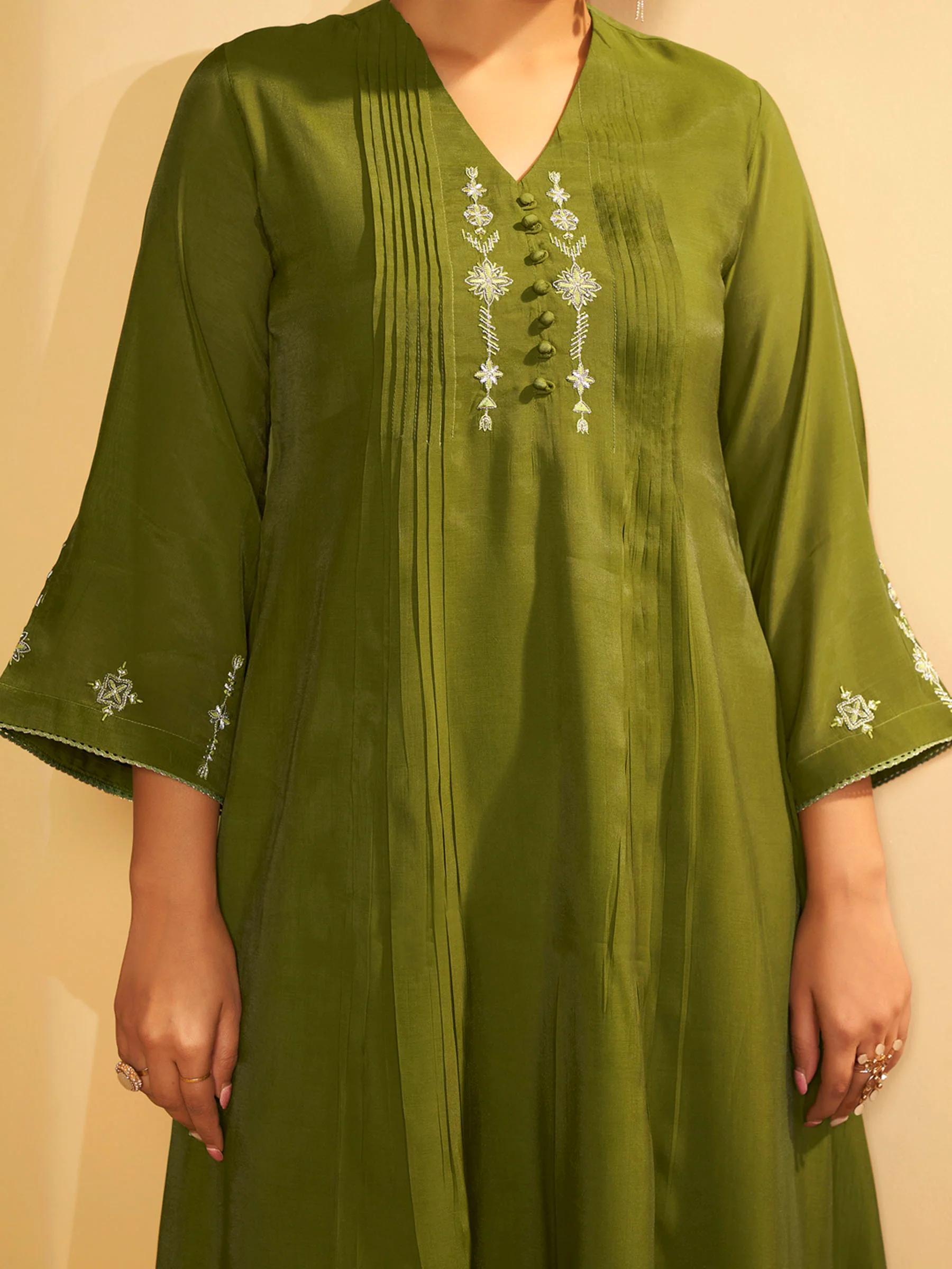 Olive Green Embroidered Suit Set with Dupatta - Image 9