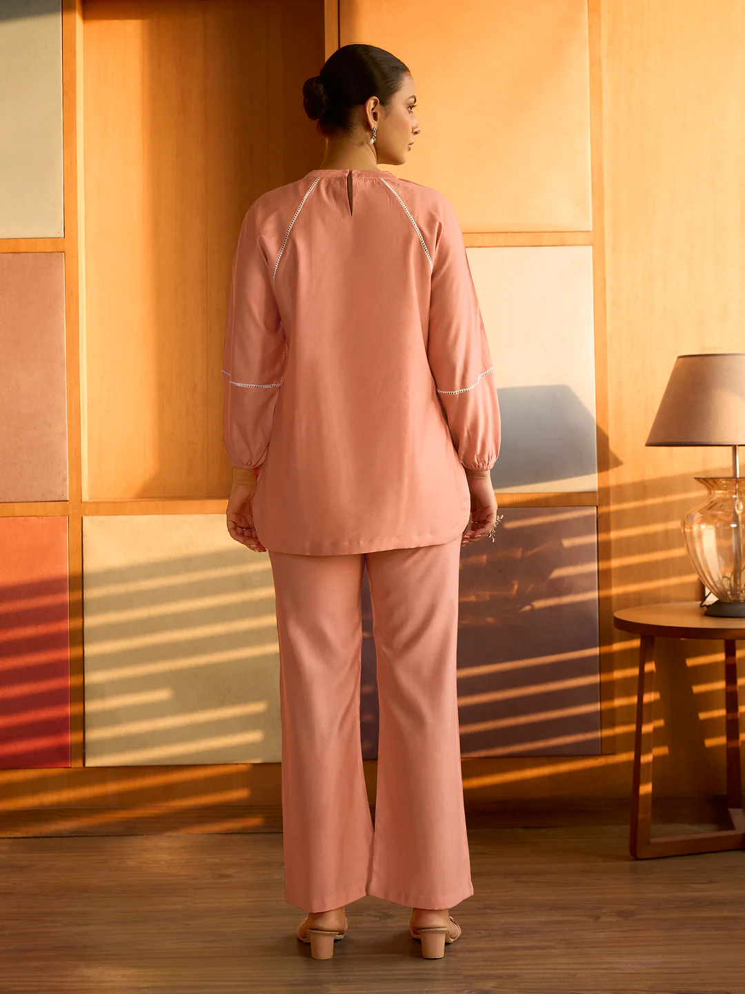 Peach Floral Embroidered Satin Co-ord Set - Image 3