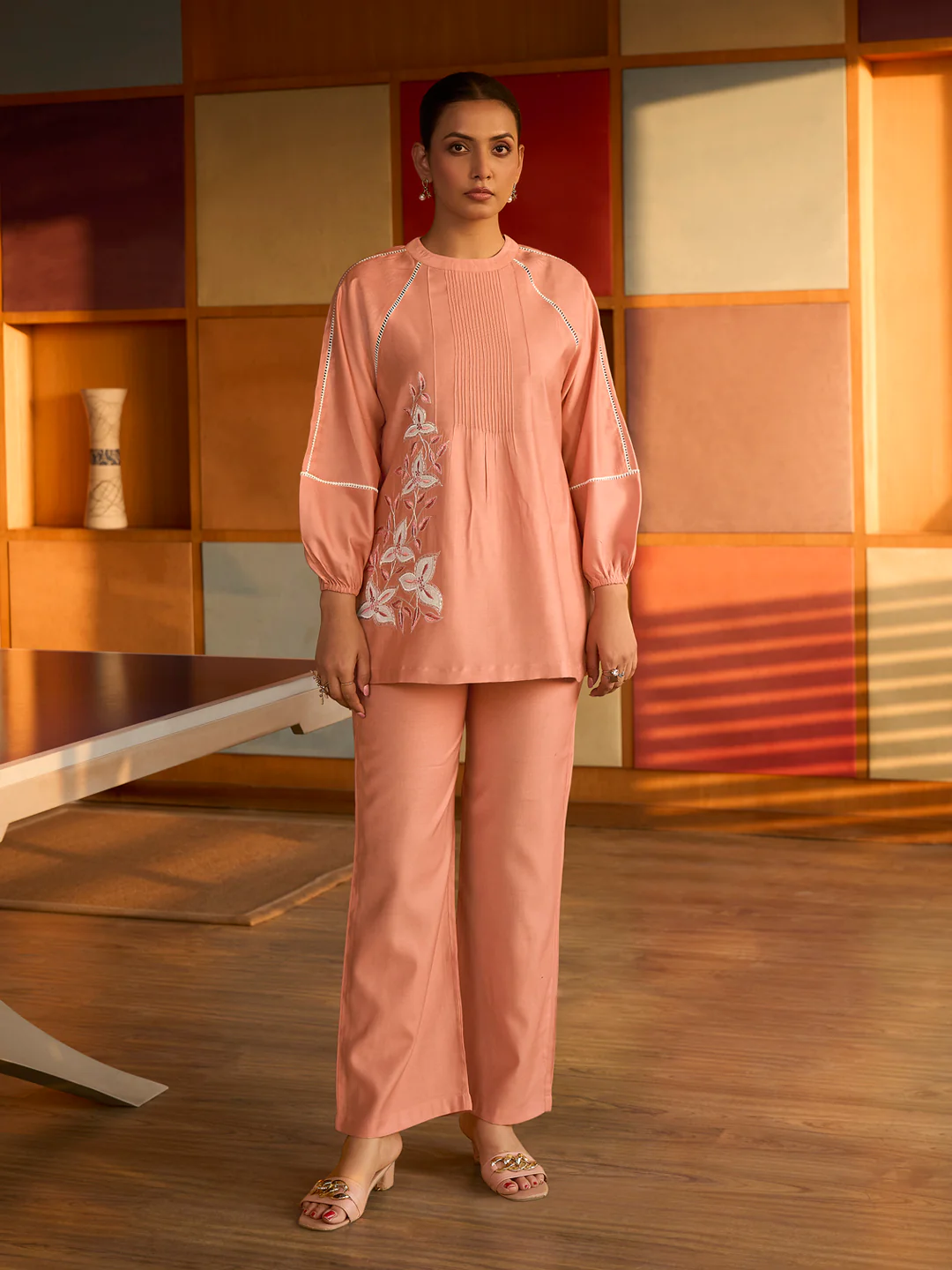 Peach Floral Embroidered Satin Co-ord Set - Image 5