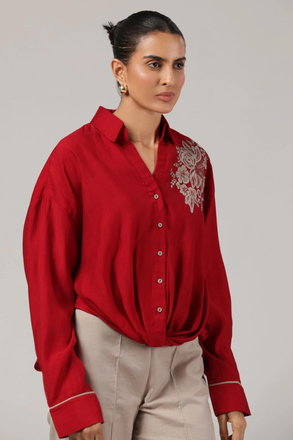 Red Floral Embroidered Button-Down Shirt - Image 4