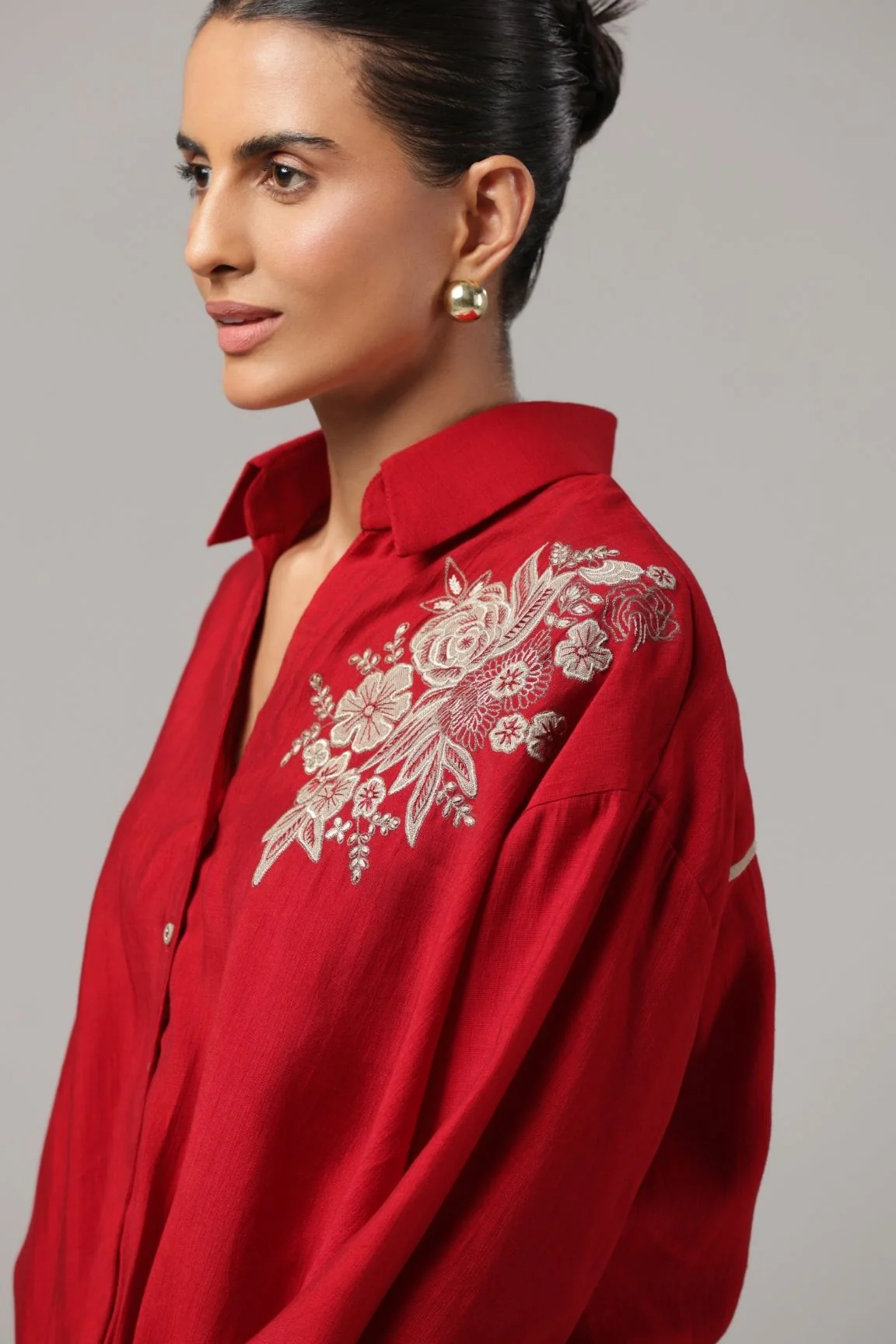 Red Floral Embroidered Button-Down Shirt - Image 5