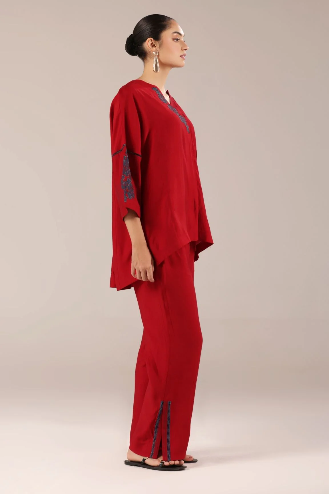 Red Floral Embroidered Relaxed Co-ord Set - Image 4