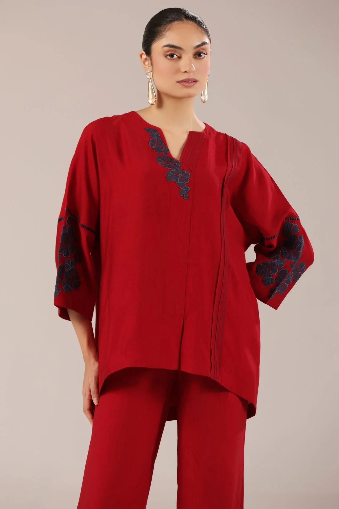 Red Floral Embroidered Relaxed Co-ord Set - Image 5