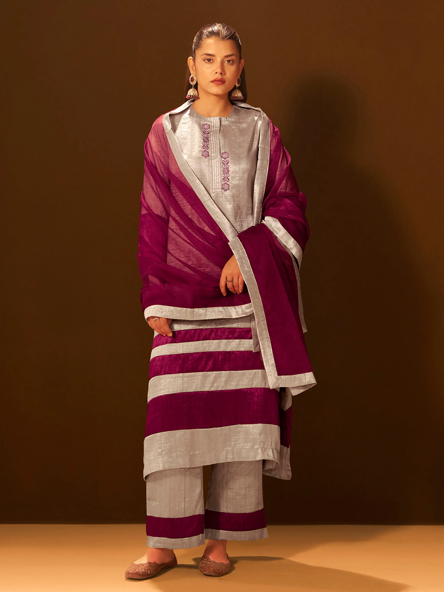 Regal Beige & Maroon Embroidered Silk Suit Set with Dupatta - Image 3
