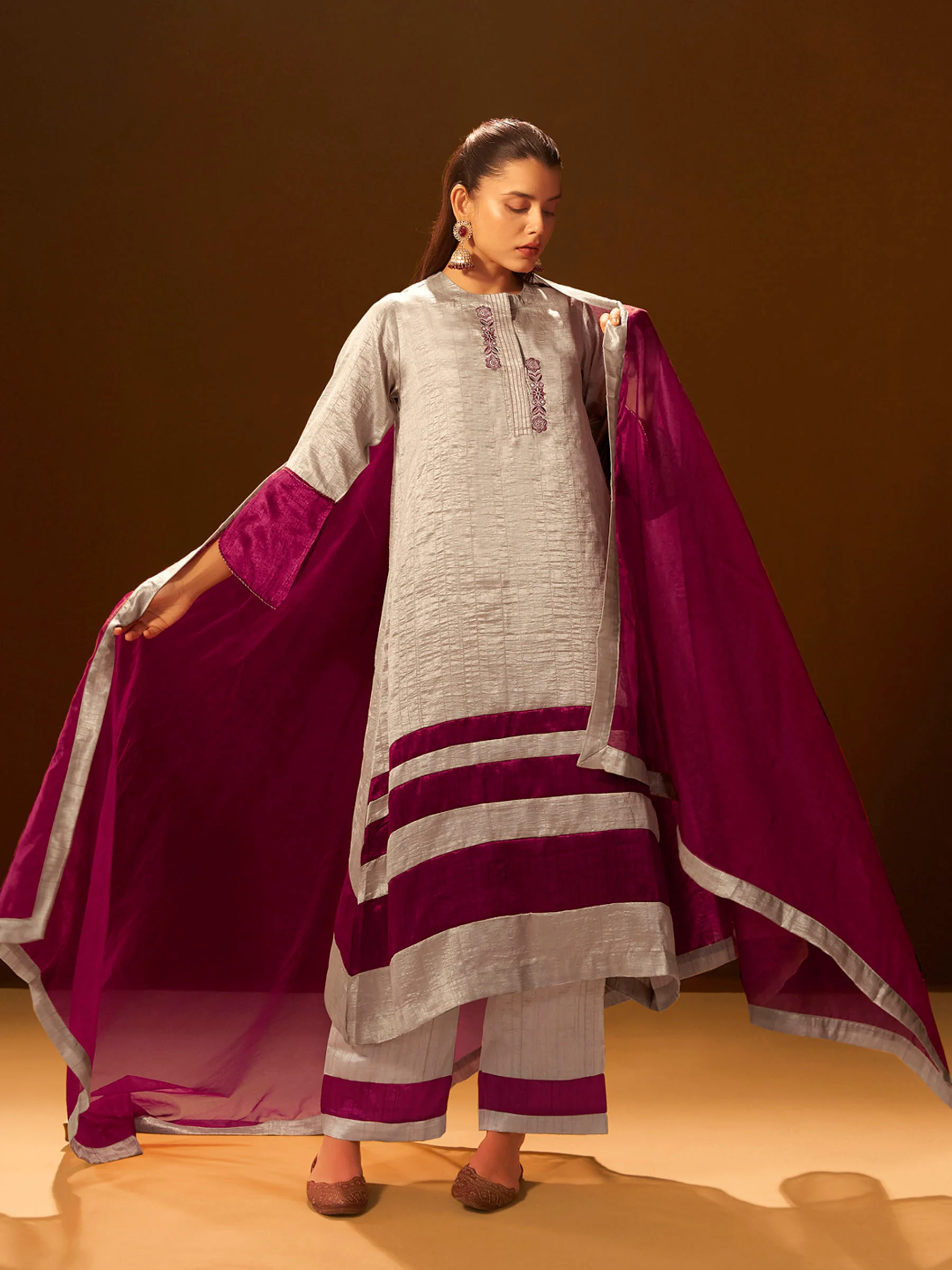 Regal Beige & Maroon Embroidered Silk Suit Set with Dupatta - Image 4