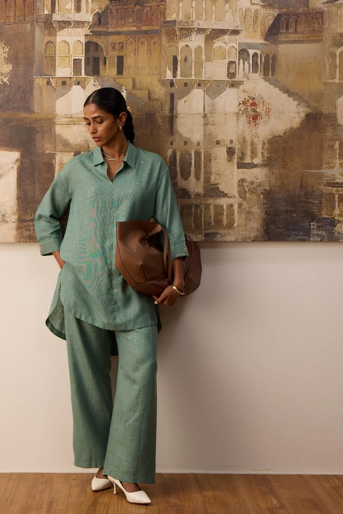 Sage Green Cotton-Linen Kurta Set - Image 7